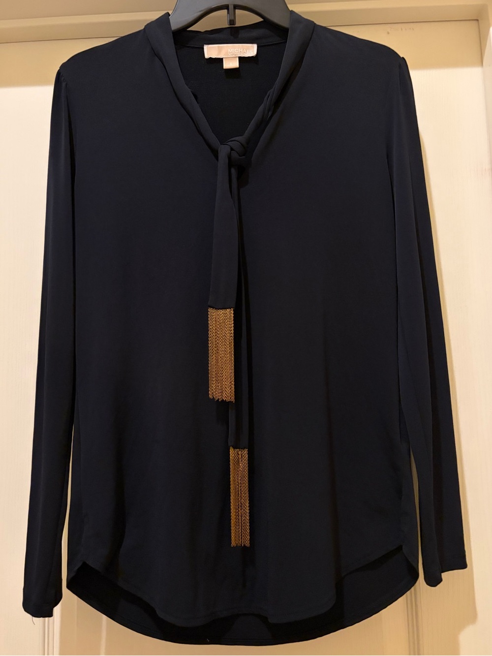 Michael Kors Black Tie-Neck Long Sleeve Blouse with Gold Tassels